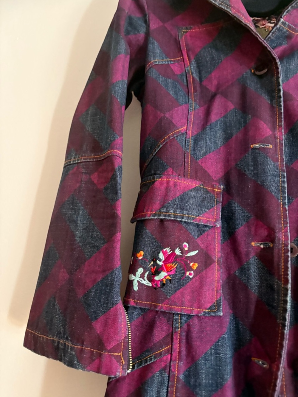 Custo Barcelona,Long Denim Coat with embroidered flowers and Purple - Picture 2 of 5